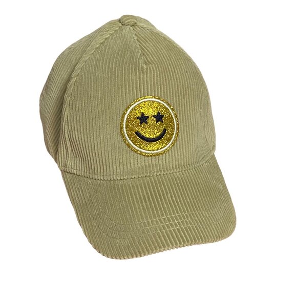 Tan Corduroy Baseball Cap W/ Gold Glitter Smiley Patch Adult Adjustable Strap - Picture 1 of 6